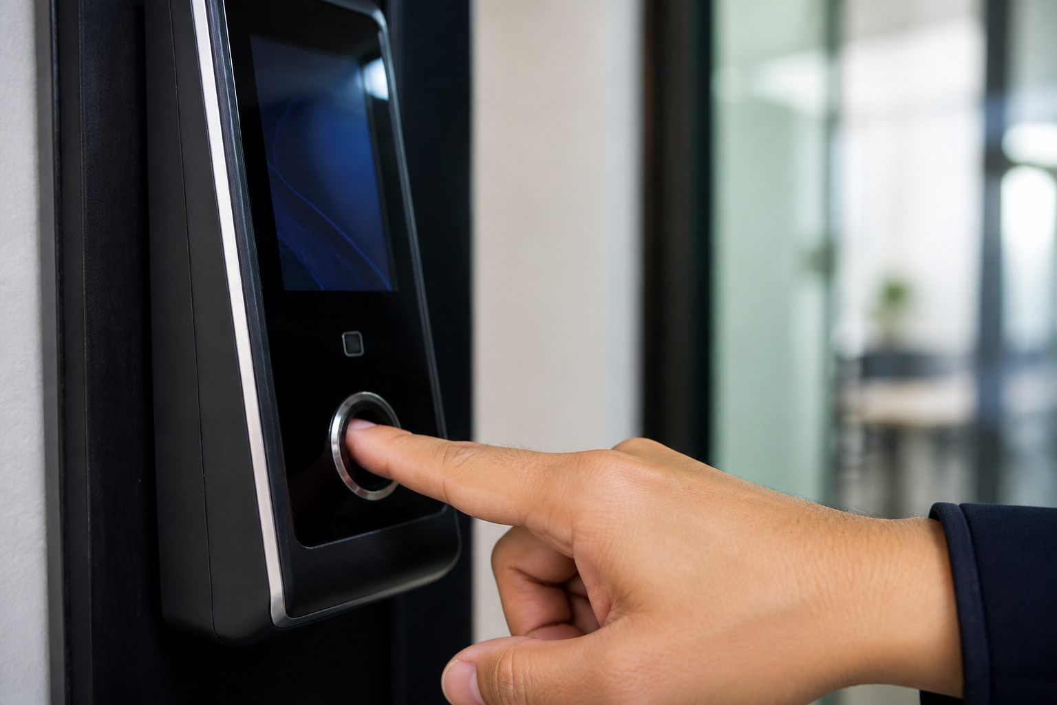 Employee checking in with a fingerprint on a biometric terminal