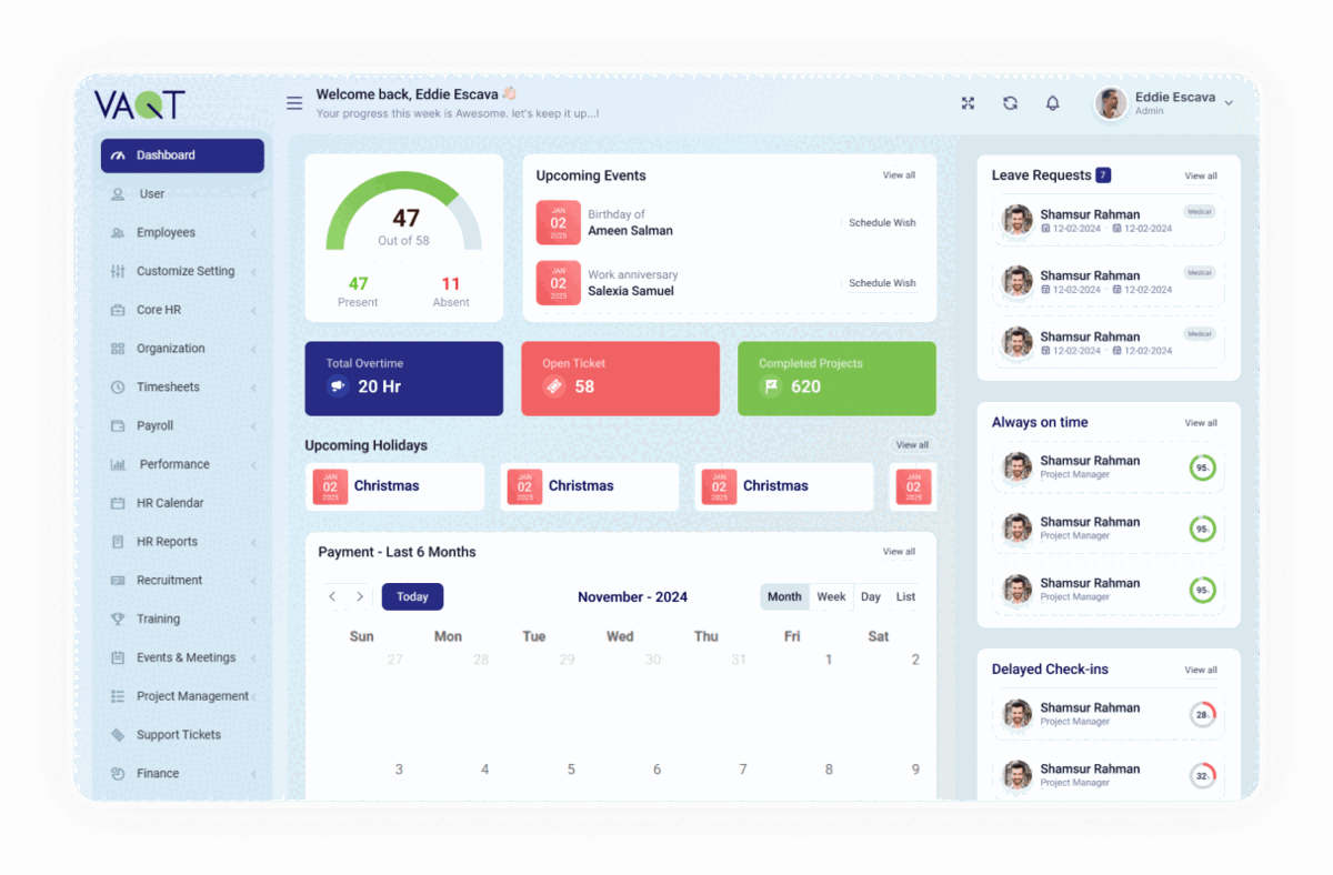 VAQT HRMS dashboard showing attendance, leave requests, overtime, and HR calendar