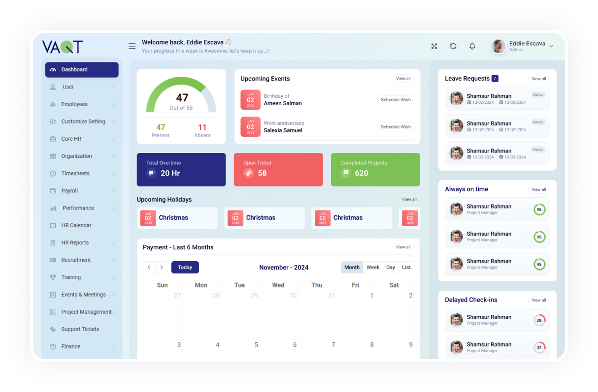 VAQT HRMS dashboard showing attendance, leave requests, overtime, and HR calendar